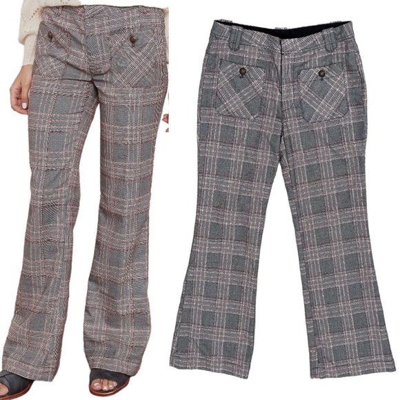 Free People Mid-Rise Hip Hugging Flare Leg Trouser Pants in Glen Plaid Print - Picture 1 of 16
